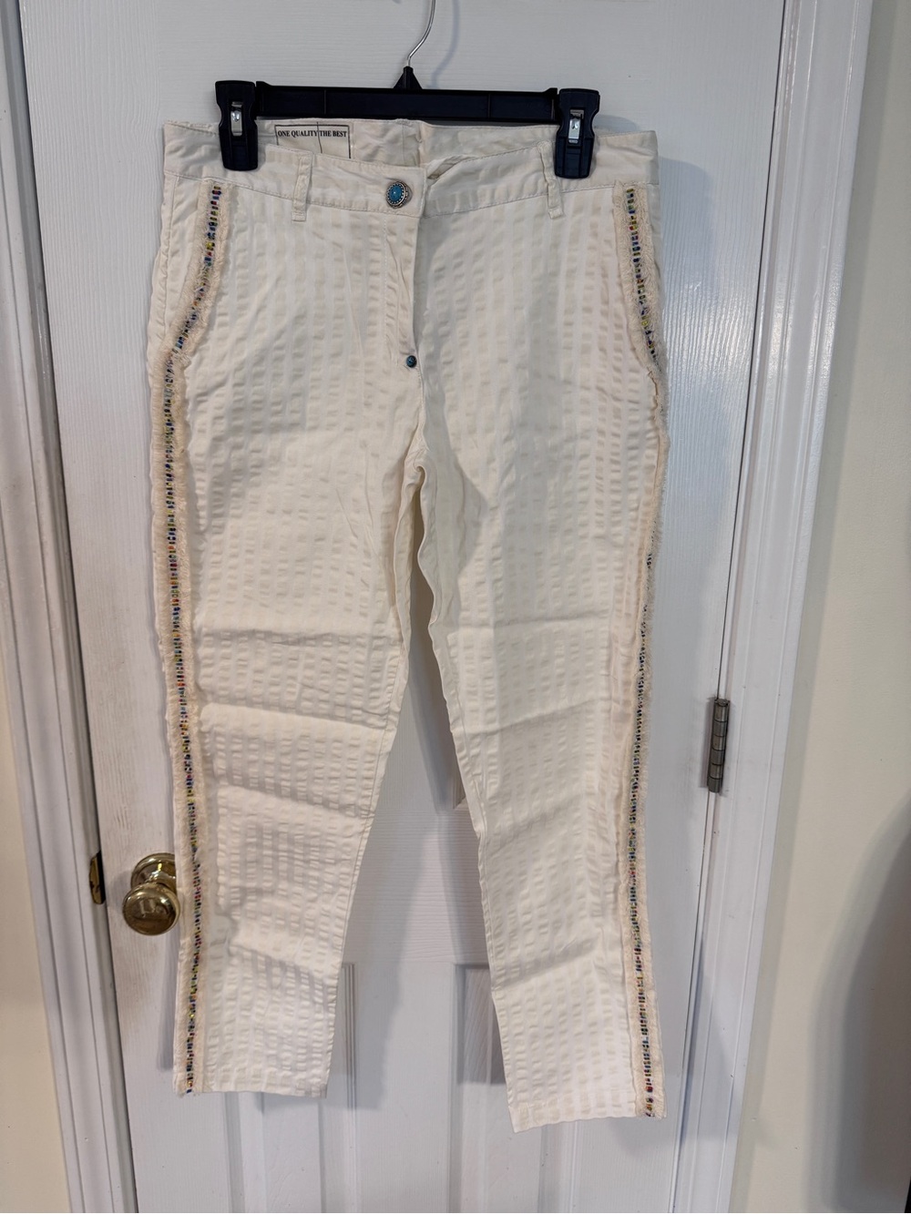 White Sand Italy Textured Beaded Cropped Pants 42/6 Ivory Capri Ankle Pants NWT